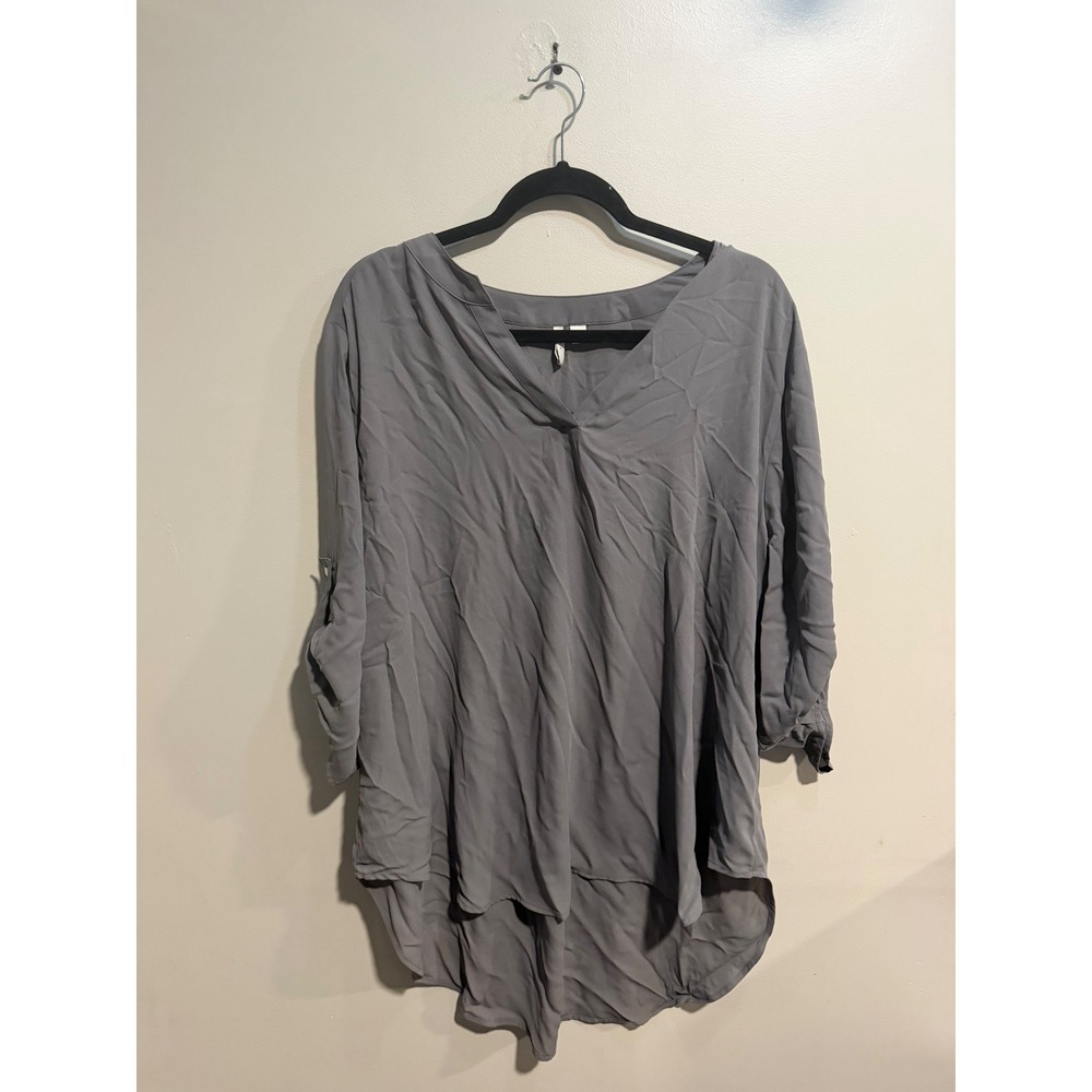 Cato Womens Grey V-Neck Roll Tab Sleeve High Low Blouse Top Size 18/20W